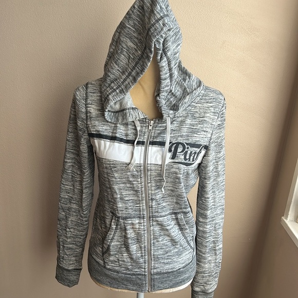 PINK Victoria's Secret Tops - Victoria’s Secret Pink Logo Hoodie Sweatshirt Front Zip Gray Sz XS ST1925